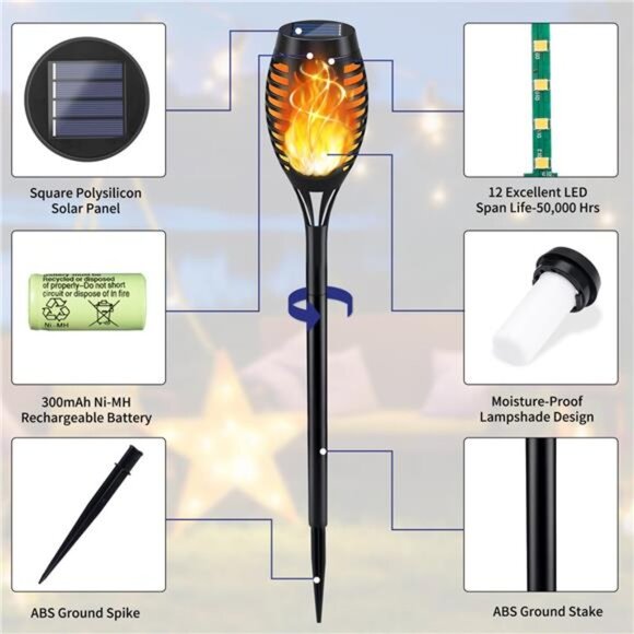 Solar Torch Light with Flickering Flame, 12Pack Solar Lights Outdoor, Waterproof - Picture 5 of 7
